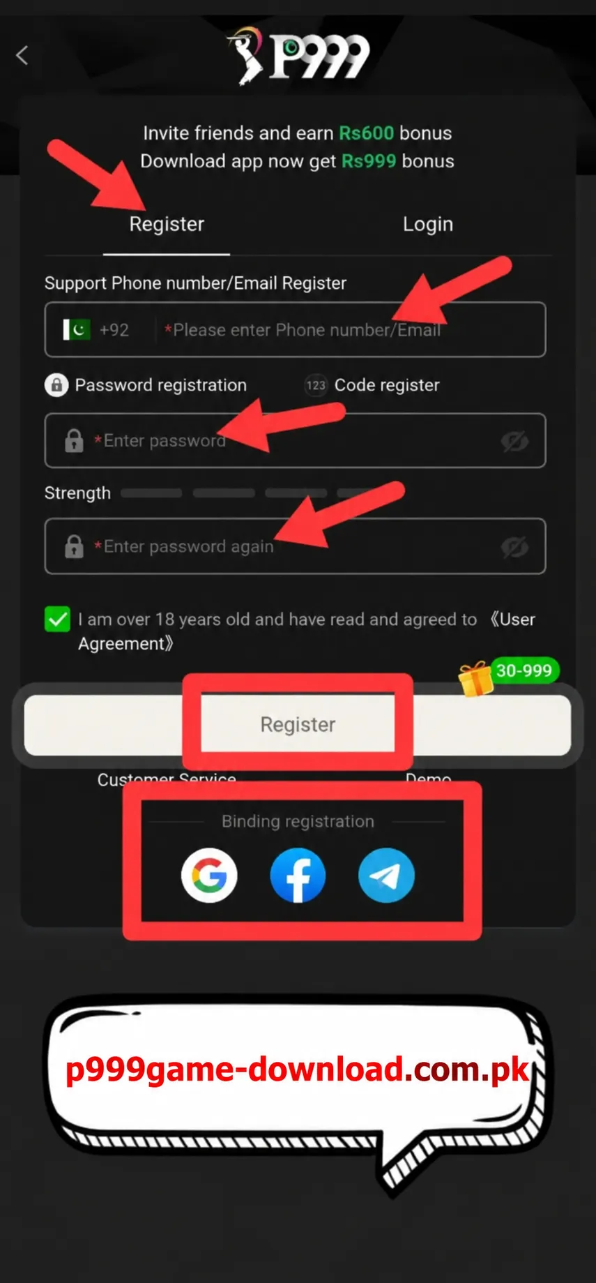 P999 Game Register account guide